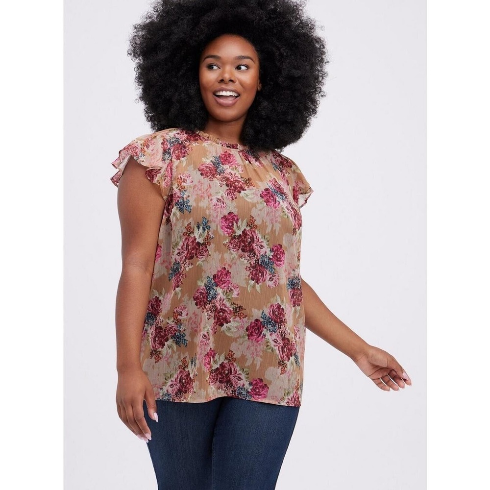 Torrid Size 4 Crinkle Chiffon Flutter Sleeve Sheer Blouse Floral Flowers - Picture 2 of 8